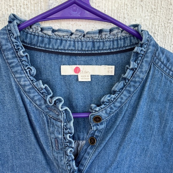Boden Frill Ruffle Indigo Denim Cotton Button Down Blouse sz 8 - Picture 3 of 9